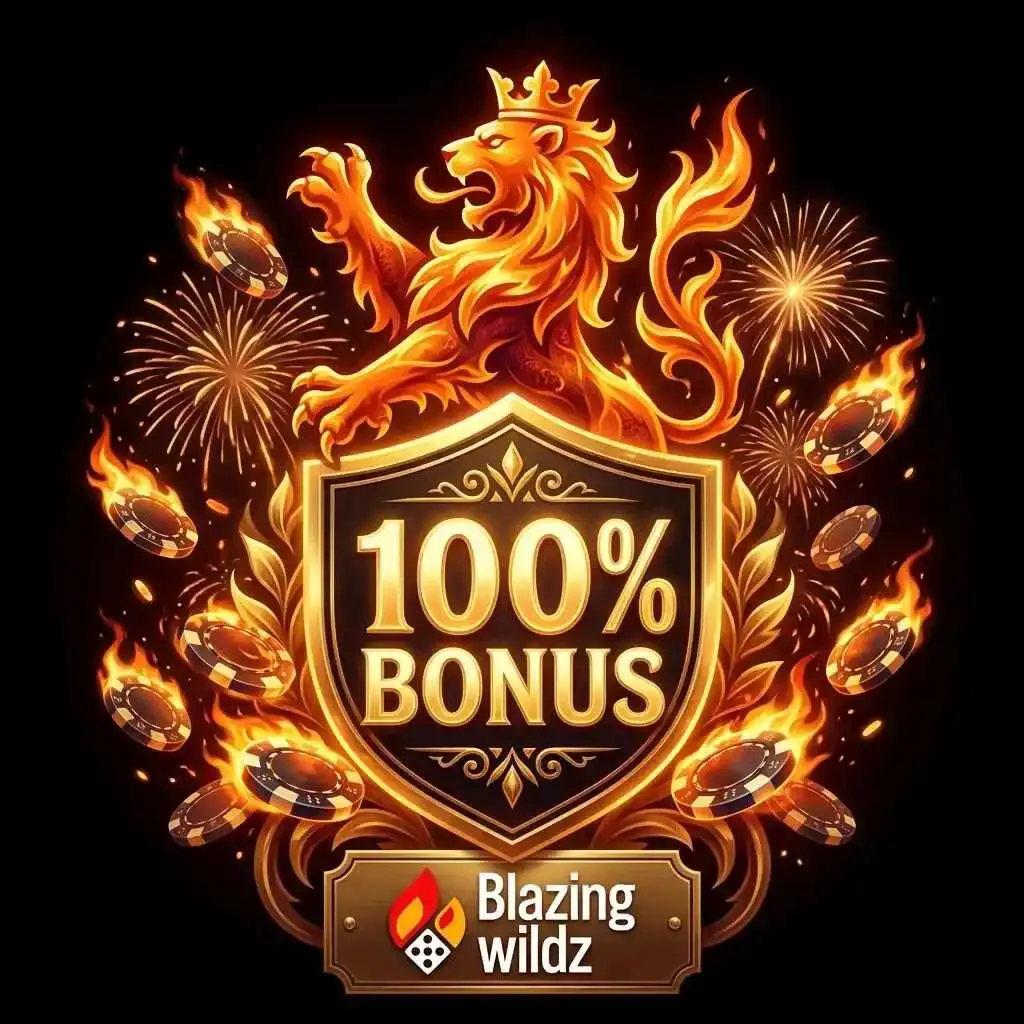 POPUP Fiery lion standing behind emble